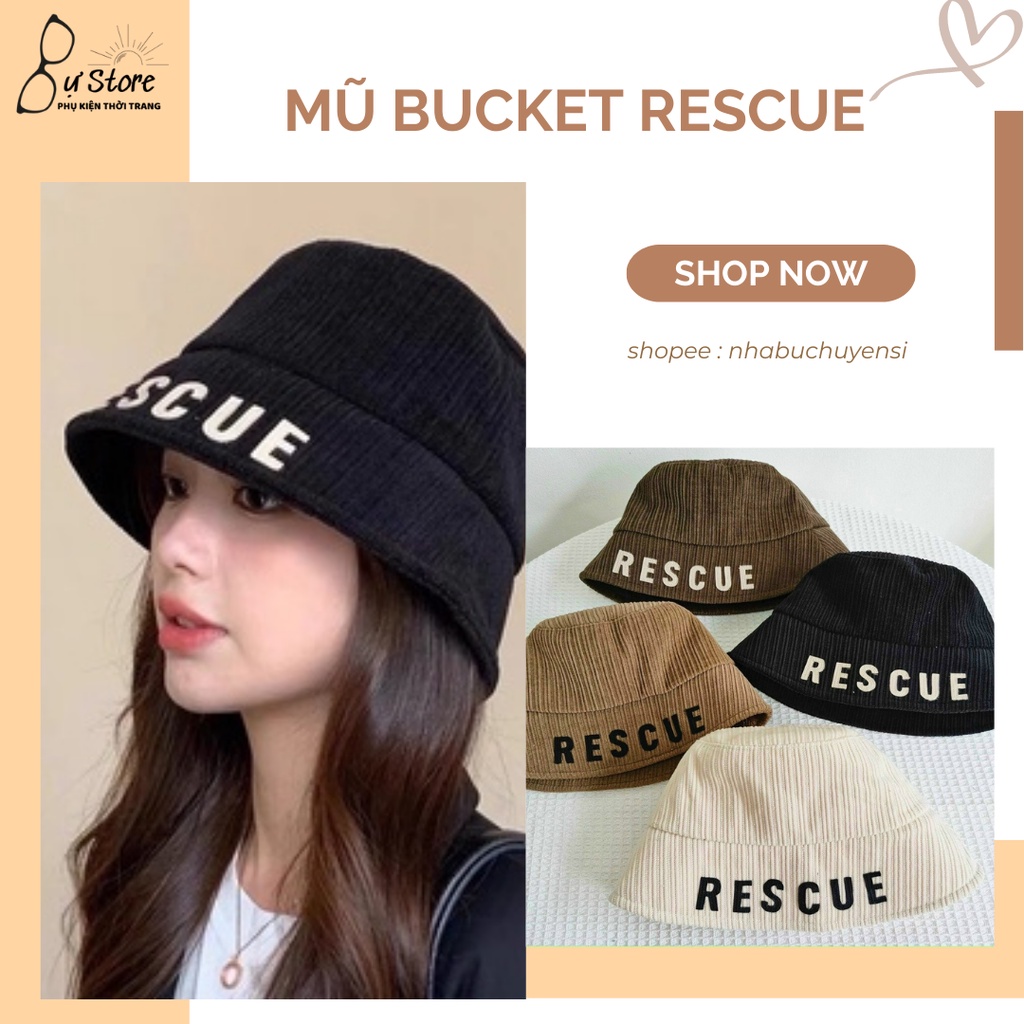 Mũ bucket nam nữ nón tai bèo vải kaki dáng cụp màu trơn basic logo rescue - Bự Store