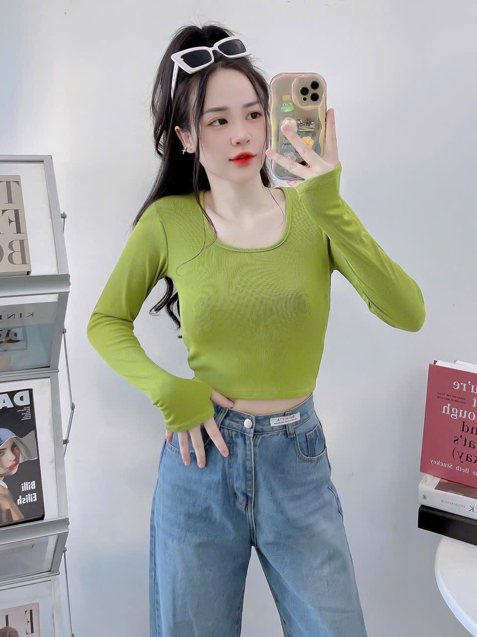 Áo thun ôm gân tăm cổ U tay dài Croptop
