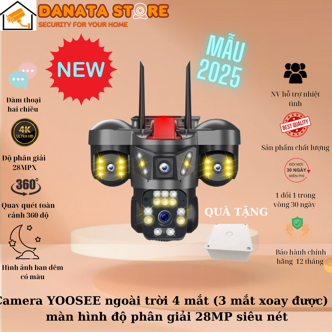 (Mẫu xu hướng 2026) Camera YOOSEE ngoài trời 4 mắt 3 màn hình độ phân giải 28MP siêu nét, giám sát ngoài trời chống nước, xem ban đêm có màu