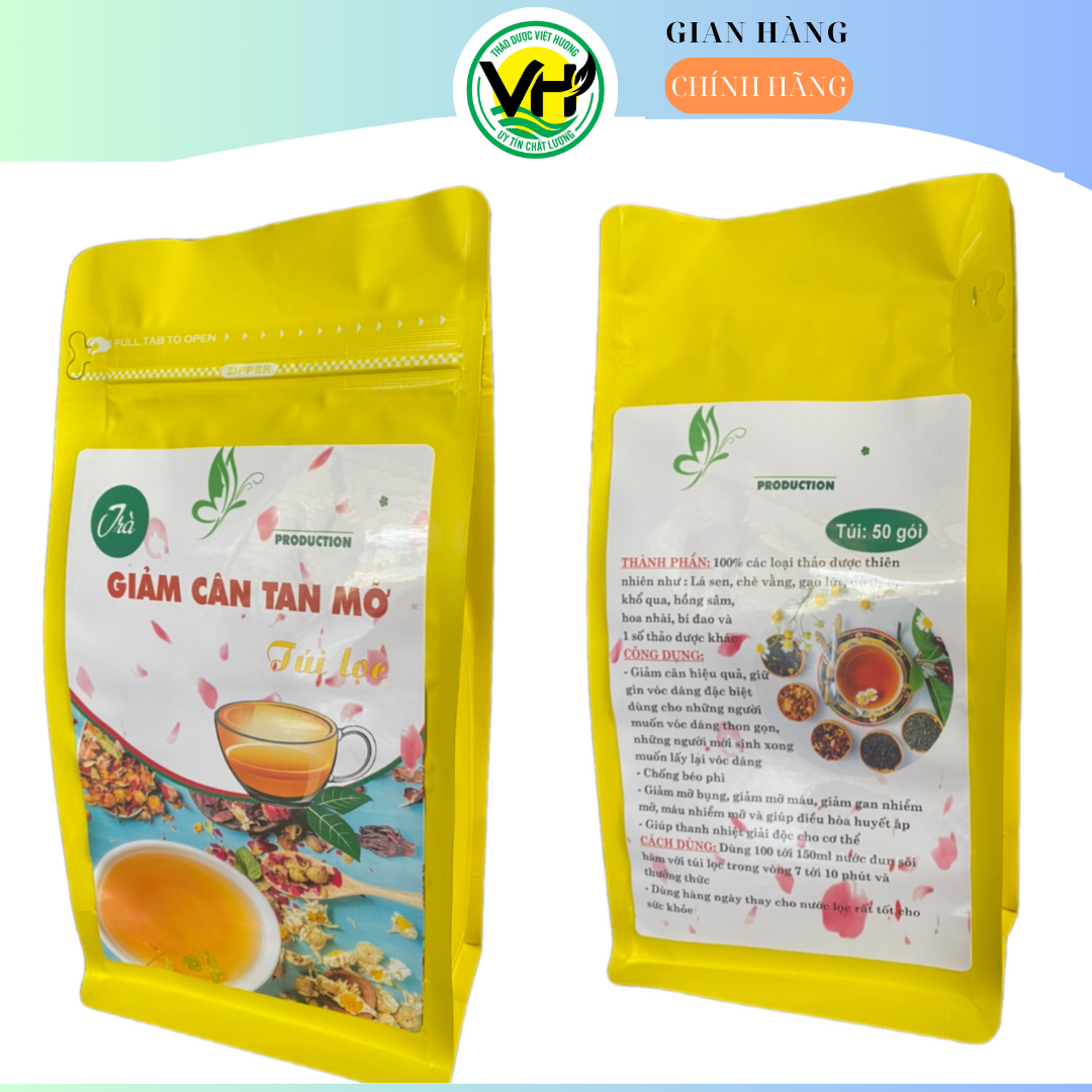 Trà giảm cân tan mỡ, 50 túi lọc, lá sen, gạo lứt, đỗ đen, khổ qua, bí đao, hồng sâm