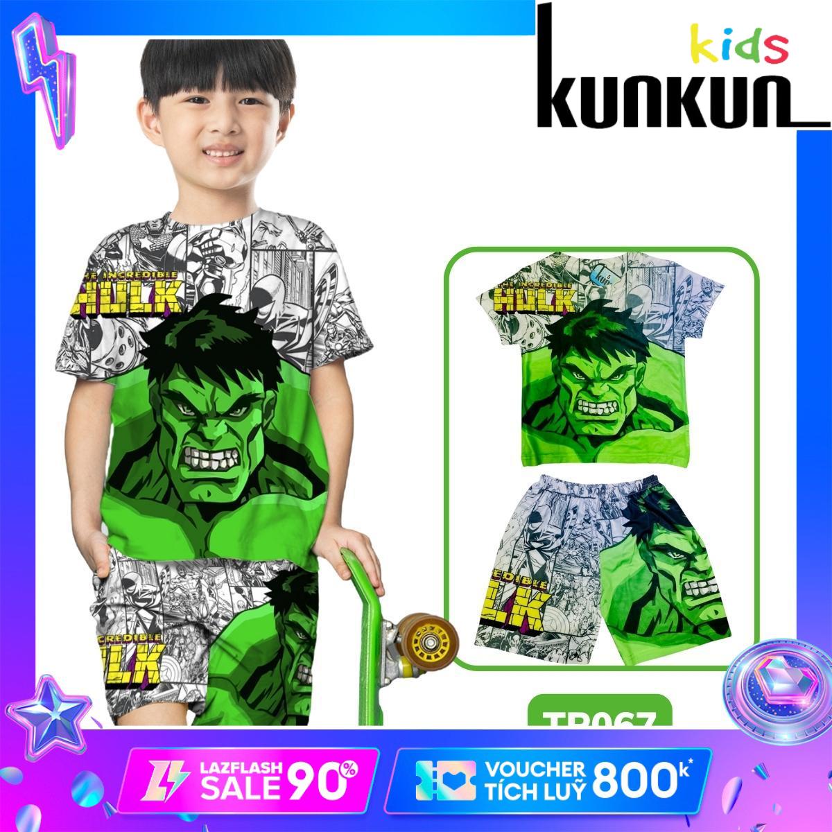 Quần áo bé trai Thun lạnh In 3D Hình Khổng lồ Xanh Hulk - Đồ bộ bé trai size đai cho bé từ 10kg - 60kg Kunkun TP067