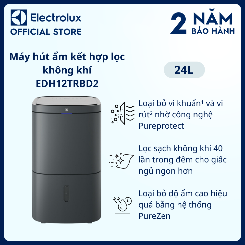 Máy hút ẩm Electrolux kết hợp lọc không khí UltimateHome 500 24L EDH12TRBD2 cho phòng 50m2, Lọc sạch không khí 40 lần