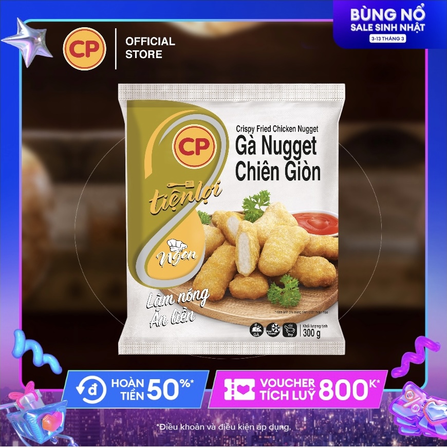 CP Gà Nugget Miếng Chiên Giòn - Siêu tiện lợi, không cần rã đông, chỉ mất 2-3 phút để chế biến. Thơm ngon và không chứa chất gây hại cho sức khỏe