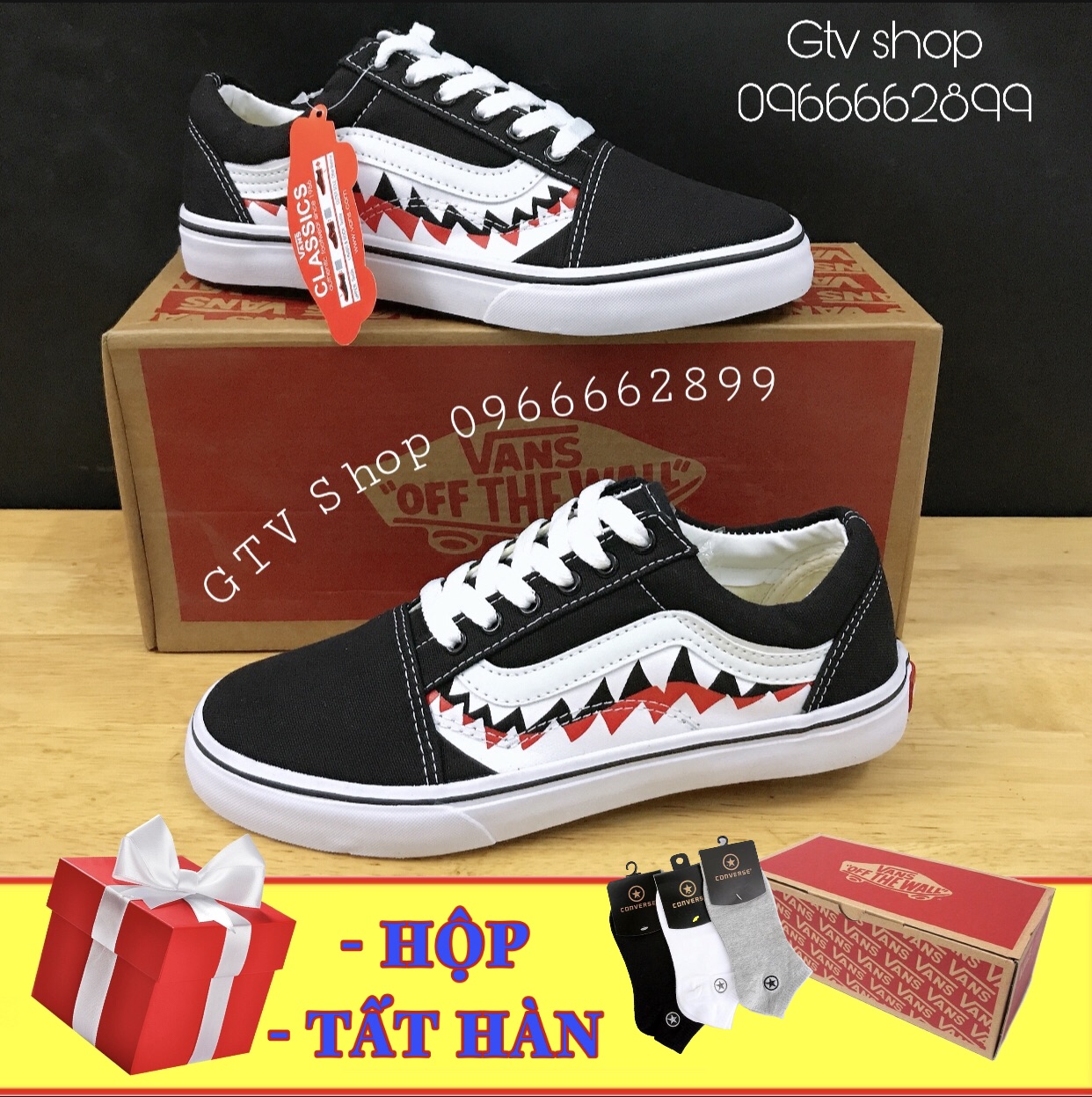 Tặng hộp và Tất - Giày thể thao nam nữ vans old skool cá mập, size 36 đến 43.