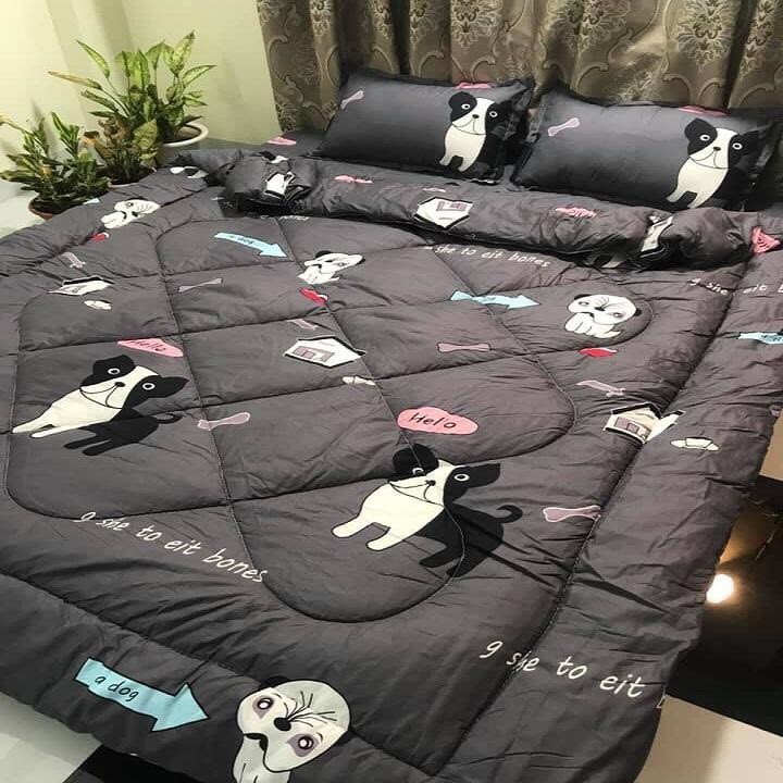 Set 5 Món Chăn Phao Ga Gối Kèm Vỏ Gối Ôm Mẫu CÚN GHI