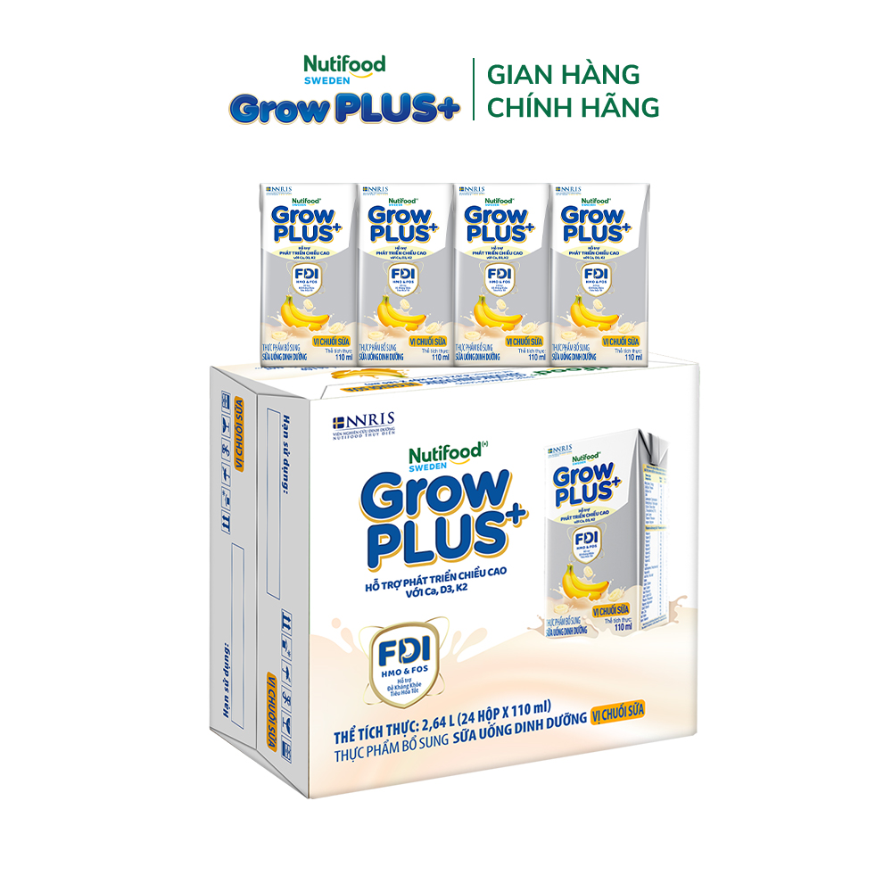 Thùng 24 hộp Sữa bột pha sẵn Nutifood Sweden GrowPLUS+ Vị Chuối Sữa hộp 110ml - Hỗ trợ phát triển chiều cao -  (24 hộp x 110ml)