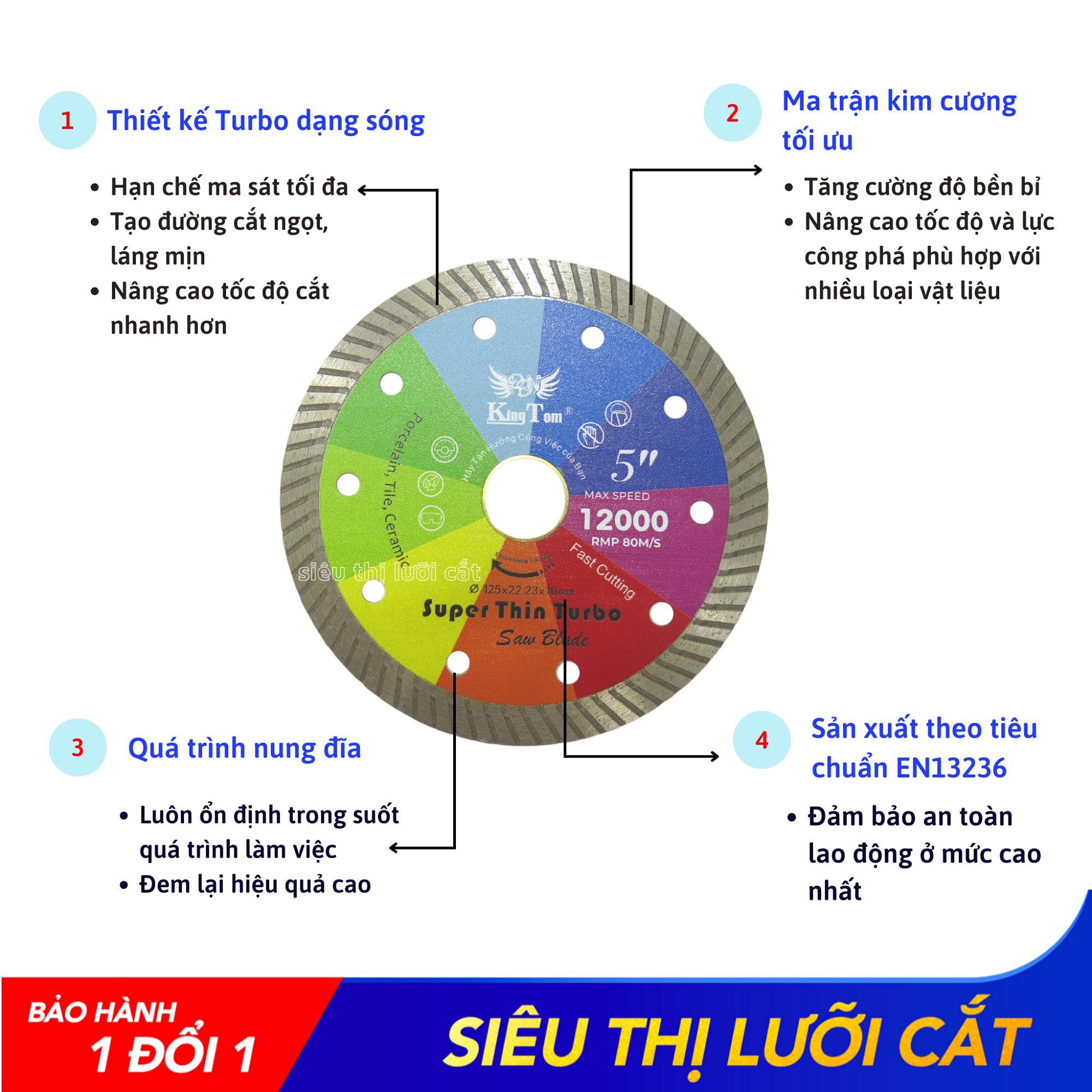 Lưỡi Cắt Đa Năng 125mm KingTom Sắc Màu Cắt Đá Granite, Marble, Thạch Anh