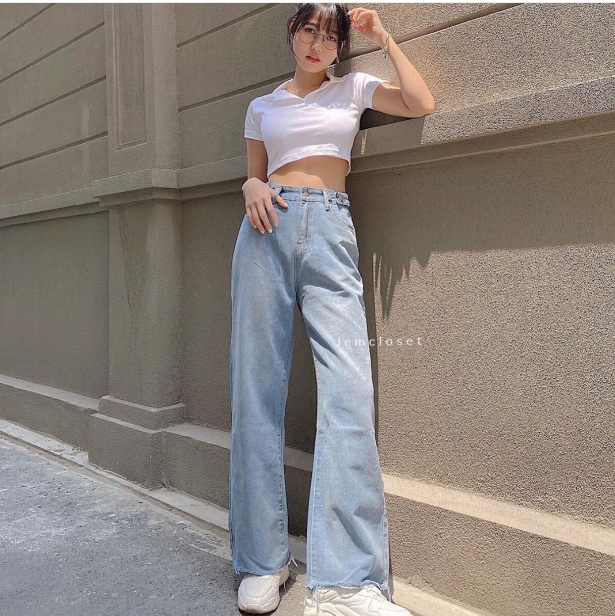 Set baggy jeans đai nút ống suông + crop petter
