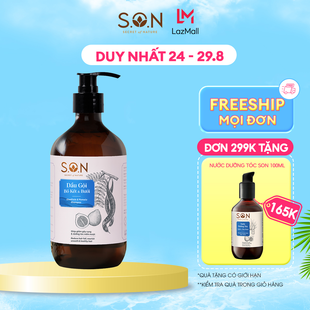 Dầu gội bồ kết & bưởi S.O.N giảm gãy rụng, giảm gàu, dưỡng mượt tóc