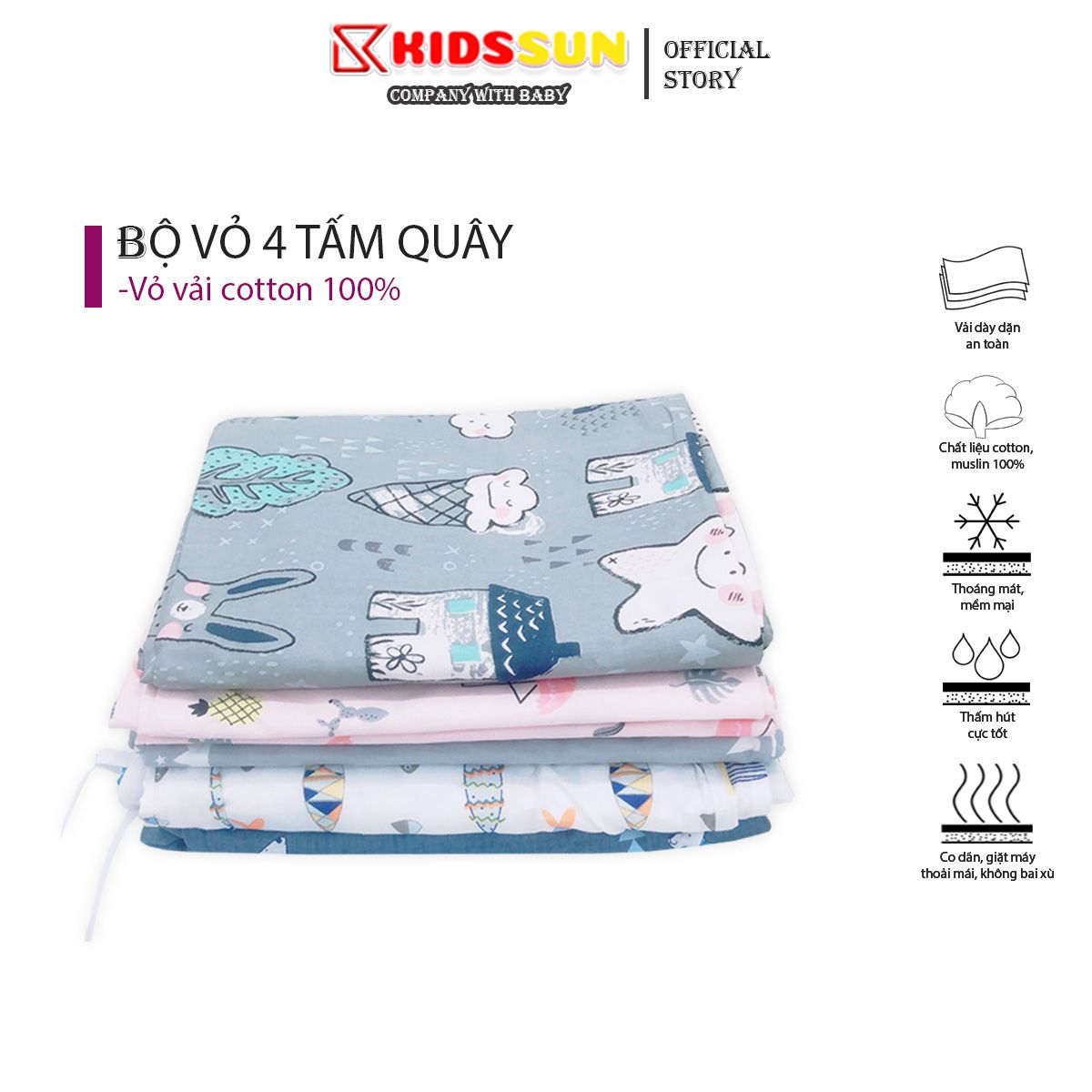 Bộ Vỏ 4 Tấm Quây Cho Cũi Trẻ Em KIDSSUN Không Bao Gồm Ruột Chất Liệu Cotton Nhiều Màu Sắc