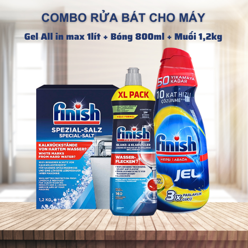 Combo viên rửa bát Finish gel All in 1 Max 1000ml hương Chanh+nước làm bóng Finish 800ml+muối làm mềm nước Finish 1.2kg dùng cho máy rửa bát máy rửa chén