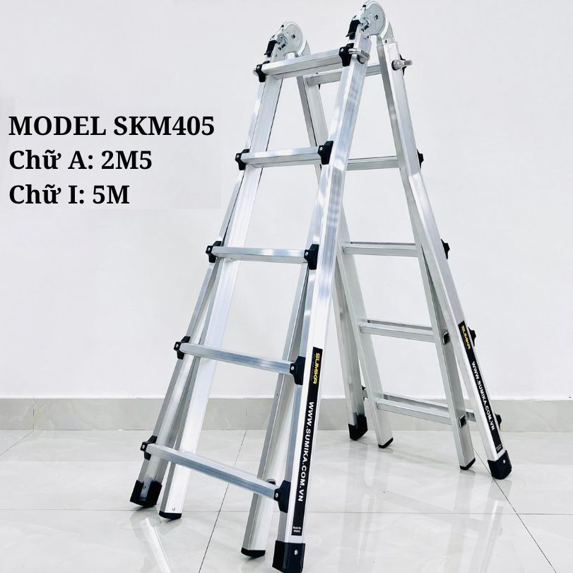 Thang nhôm gấp trượt Sumika SKM404 - skm404 - skm405 - Chữ A  có thể gấp, rút hoặc duỗi thẳng, sử dụng rộng rãi trong nhiều lĩnh vực : kỹ thuật , siêu thị , quảng cáo , vệ sinh kính, sửa chữa bóng đèn , cắt tỉa cây,...