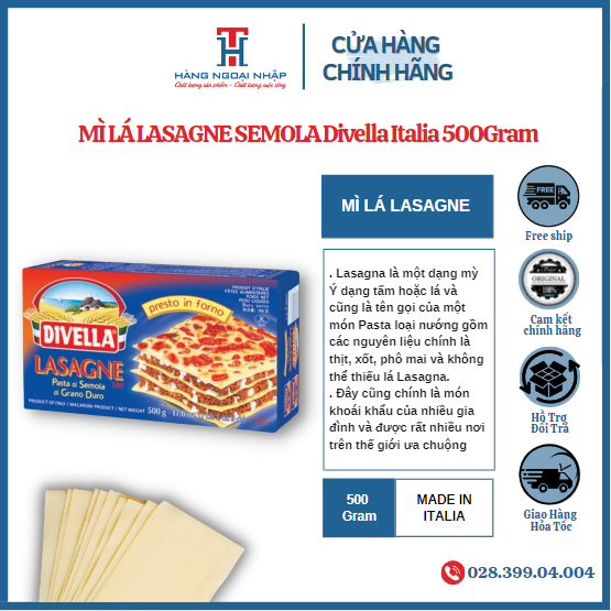 Mì lá lasagne semola 09 divella ý 500g