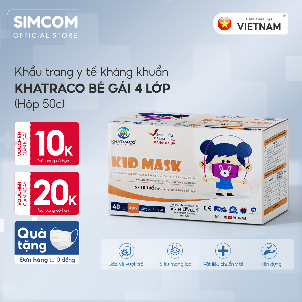 Combo 300 khẩu trang 4 lớp kháng khuẩn Khatraco hàng chính hãng đạt tiêu chuẩn châu âu, mềm mại, hộp 50 chiếc, tặng quà, Simcom