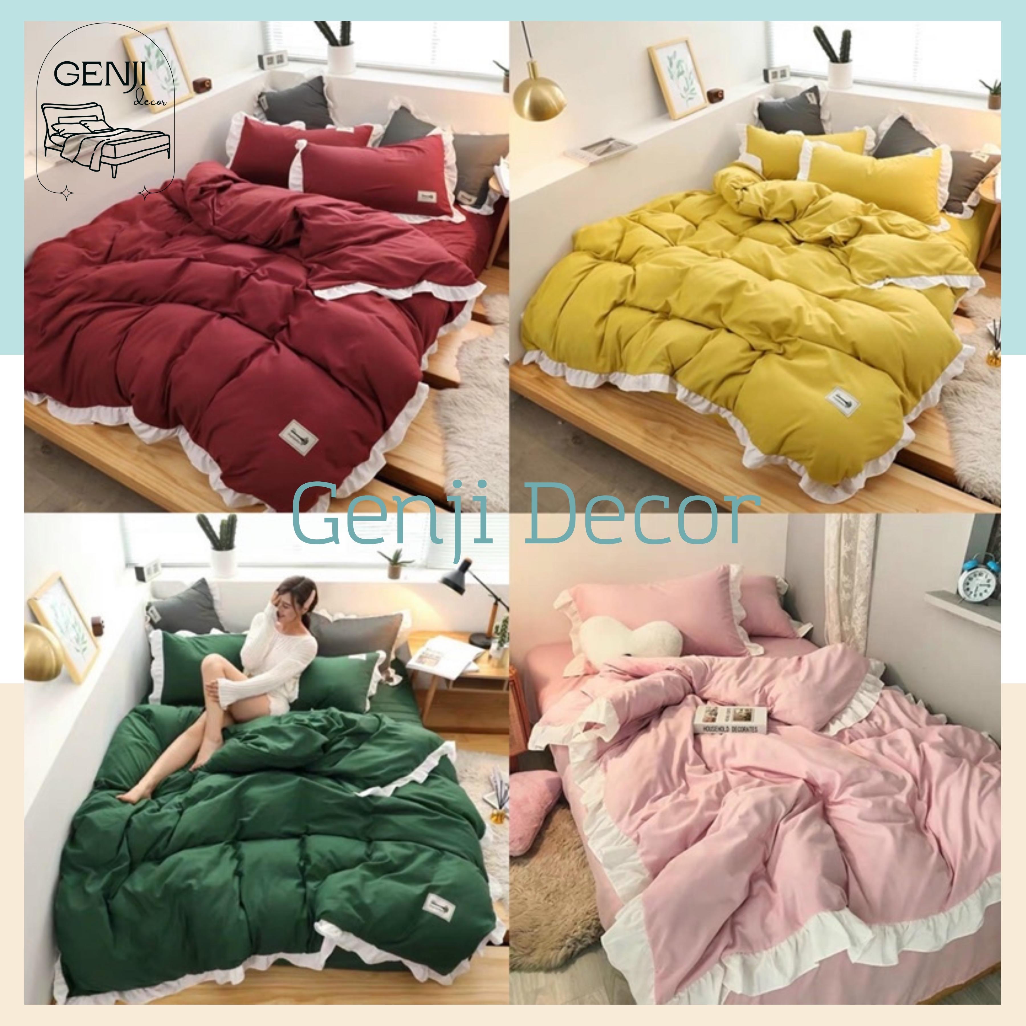 Bộ chăn ga gối cotton tici phối viền bèo Genji Decor, bộ chăn ga gối 5 món màu basic đầy đủ kích thước