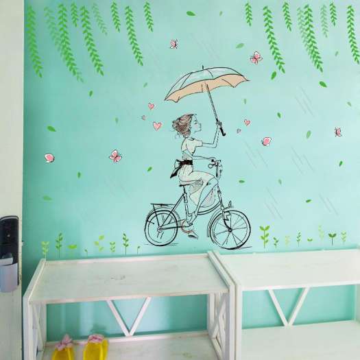 Decal dán tường cô gái đi mưa - Giấy dán tường tranh dán tường 3D Cô gái đạp xe dưới mưa