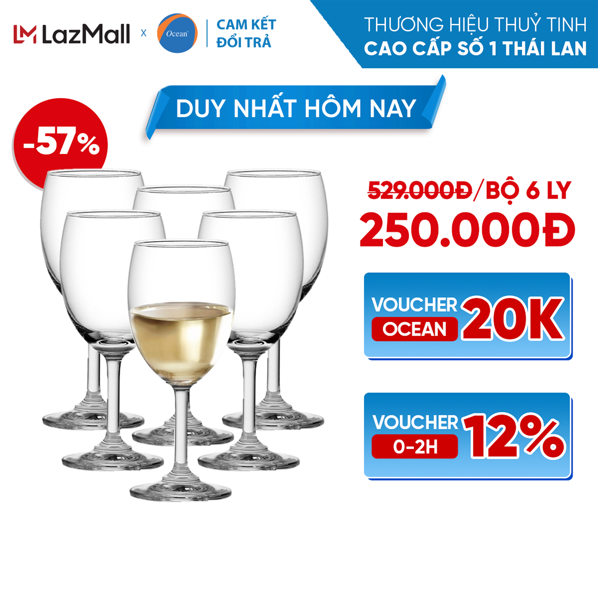 [Cam Kết Đổi Trả Nếu Vỡ] Bộ 6 Ly/Cốc Rượu Thủy Tinh - Ocean Classic White Wine 195ml - Chính Hãng