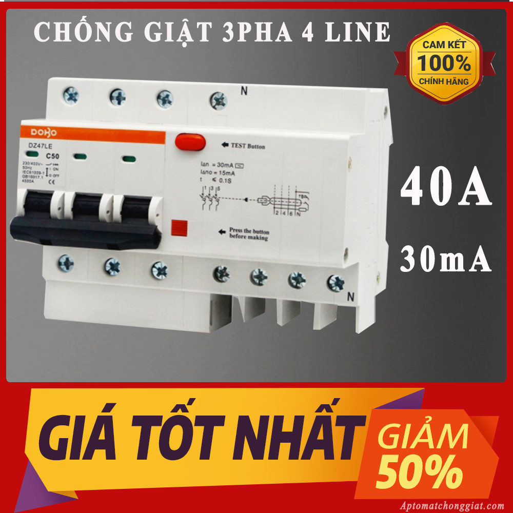 [HÀNG CHÍNH HÃNG] Cầu Dao Chống Giật 3 Pha  380V 40A RCCB DOBO KOREA siêu nhạy - 4.5kA 30mA (Aptomat chống giật) - Bảo hành 12 tháng - Hàng Tốt