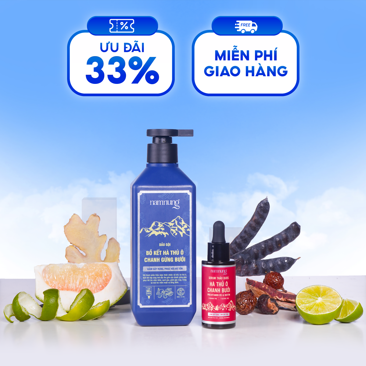 Combo dầu gội thảo dược NAM NUNG kèm serum hỗ trợ giảm gãy rụng, mọc tóc con