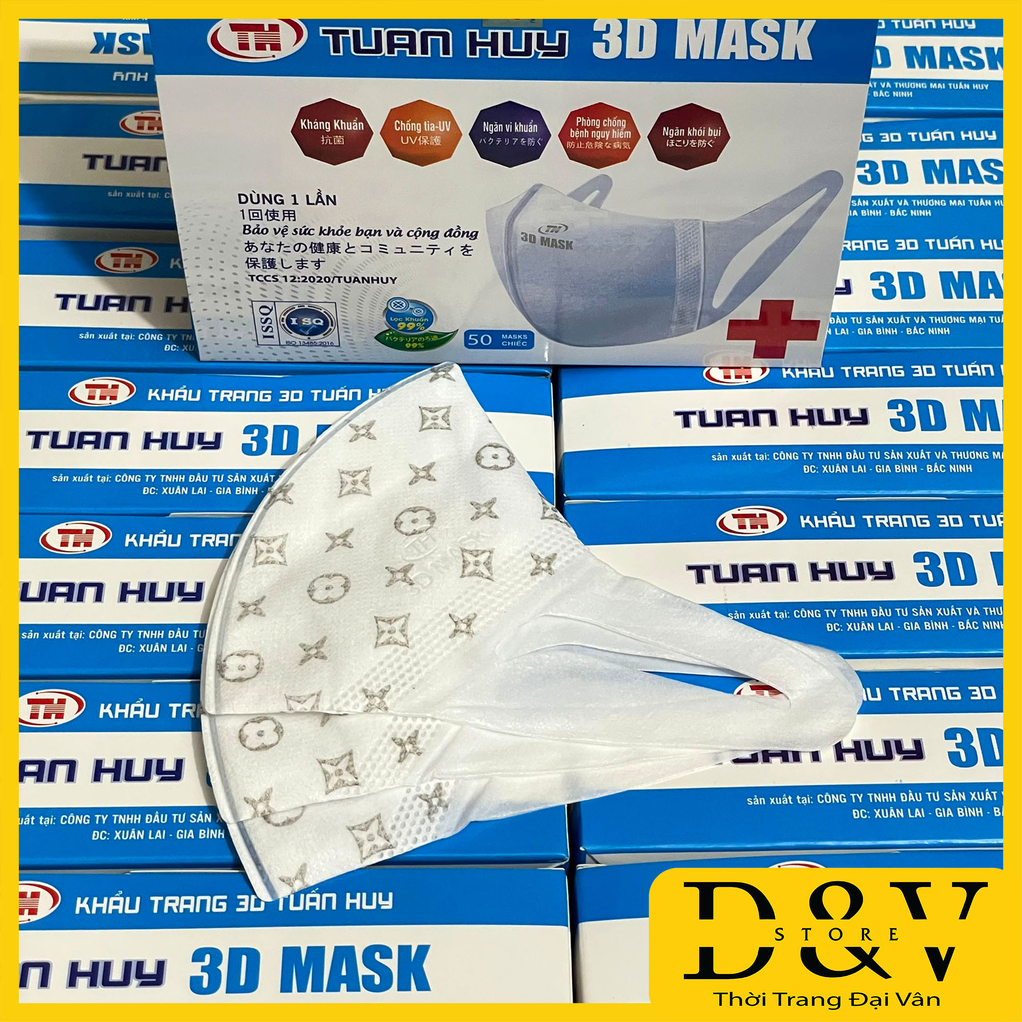 Khẩu trang 3D Mask LV Hoa hộp 50 cái kháng khuẩn, có tem niêm phong, đạt tiêu chuẩn ISO và kiểm định Bộ Y Tế, Khẩu trang y tế 3D Mask, khẩu trang 3d lv