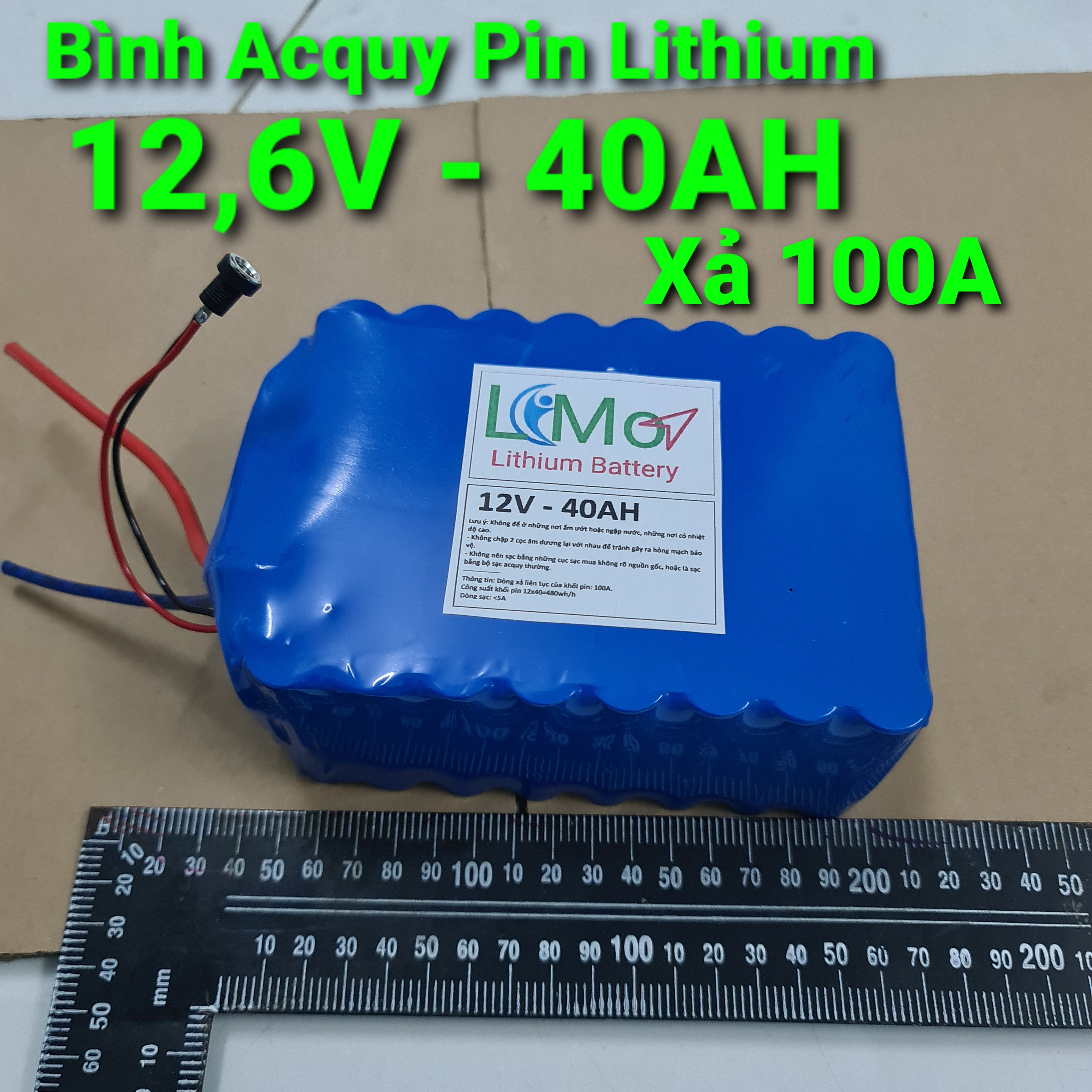 Bình acquy pin Lithium ion 12v 40AH xả 100A cực mạnh. Khối pin lithium 18650 gọn nhẹ, Có mạch bảo vệ pin cực bền. Chuyên dùng cho lưu trữ điện Năng lượng mặt trời, inverter và các thiết bị 12v - LiMo