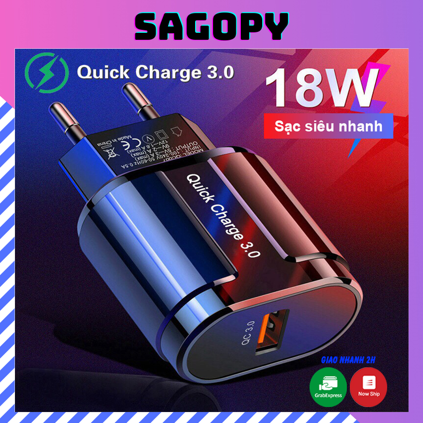 Củ sạc nhanh 18W-3A có chế độ QC 3.0, cốc sạc nhanh dùng cho điện thoại iphone, ipad, android, tai nghe i12 zin giống hoco - SAGOPY