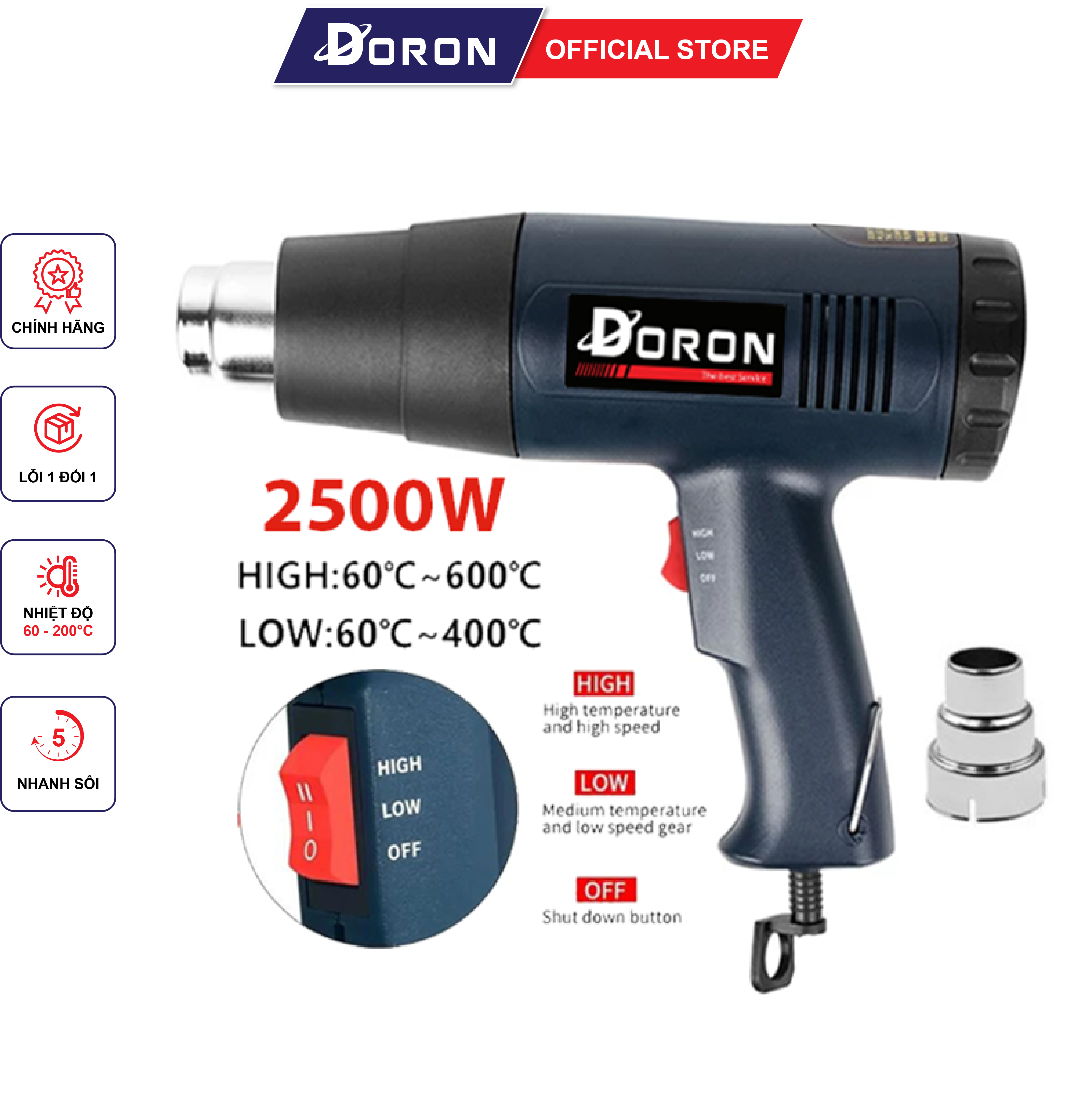  Máy khò nhiệt cầm tay máy khò nhiệt DORON 2500W tăng nhiệt nhanh khí thổi đều 