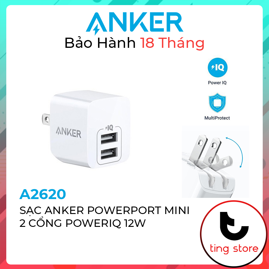 Sạc ANKER PowerPort Mini 2 Cổng USB-A PowerIQ 12W - A2620 cho Iphone Ipad 5V 5W 10W 12W 1A 2.4A