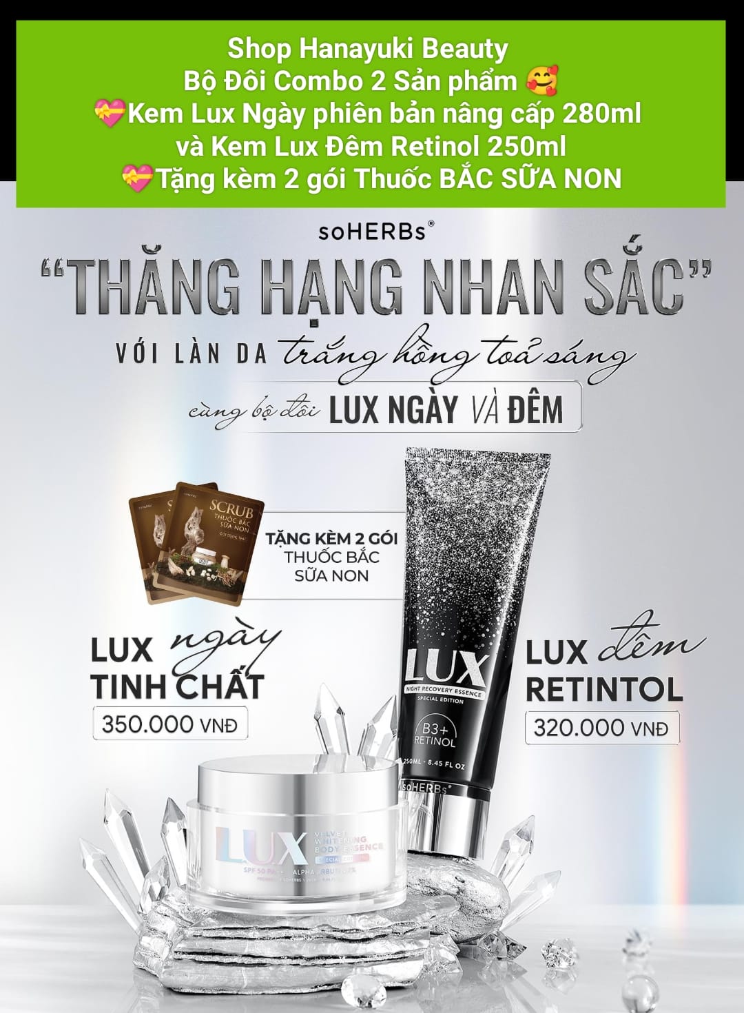 Combo 2 sp kem ngày body lux soherbs phiên bản mới 280ml và kem đêm body retinol lux+ soherbs 250ml giúp trắng sáng 3 lần căng mịn cấp ẩmtrẻ hóa sau 7 ngày
