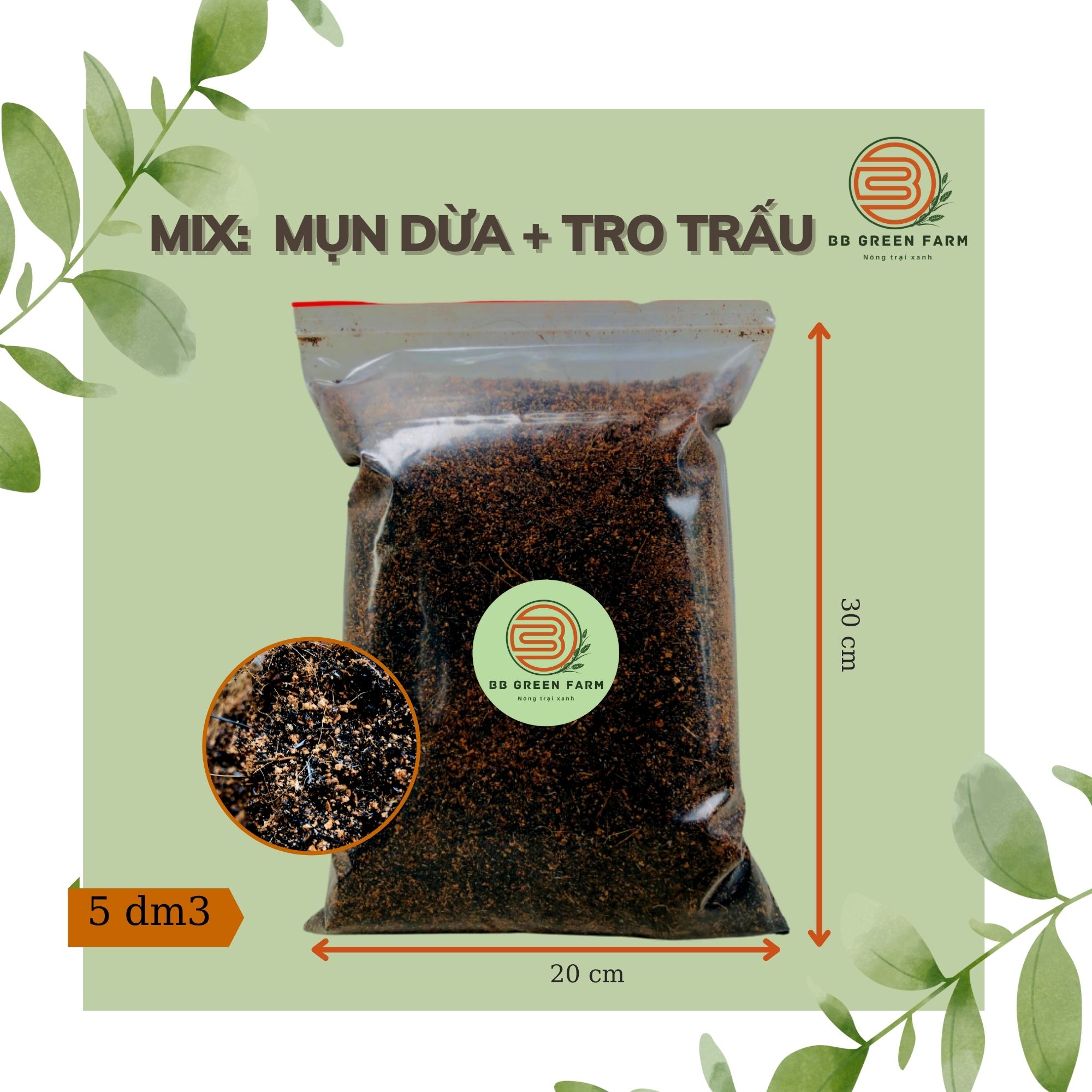 Giá thể trồng rau mầm-hỗn hợp mụn dừa, trấu hun-BB Green Farm 5dm3