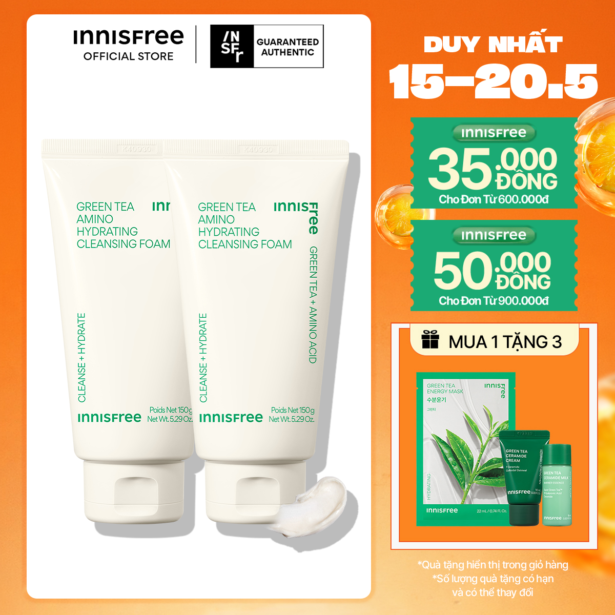 Bộ 2 Sữa rửa mặt làm sạch và cấp ẩm từ trà xanh INNISFREE Green Tea Hydramino Cleansing Foam 150g*2