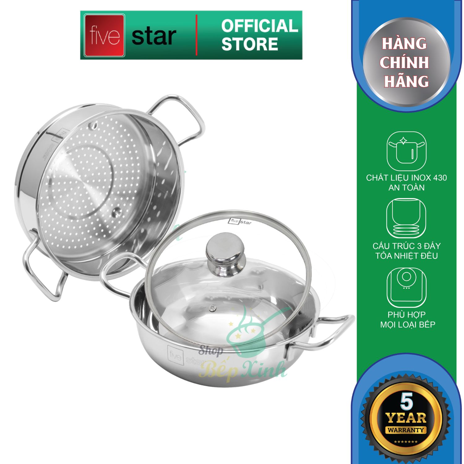 Bộ 2 nồi xửng hấp inox 430 cao cấp Fivestar 3 đáy từ  nắp kính 24cm / 26cm / 28cm ( tặng 1 vá canh )