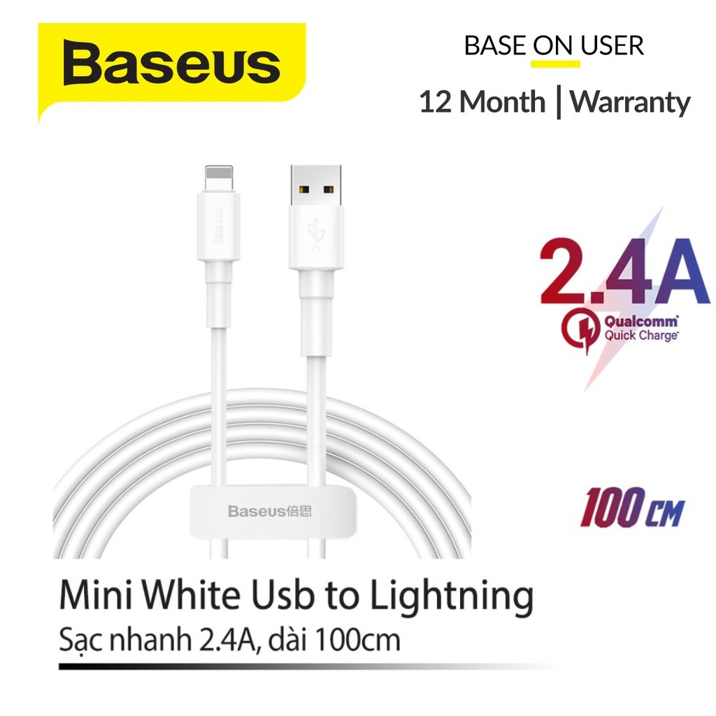 Cáp dây sạc nhanh và truyền dữ liệu Baseus Mini White Cable USB For Lightning /Micro USB /Type C chiều dài 1m truyền dữ liệu tốc độ cao 480Mbps 2.4A dây siêu bền