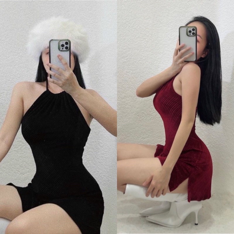 Đầm nhung cổ yếm xẻ hông nữ tính d17