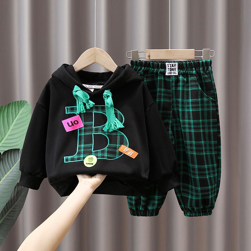 [Chính hãng] [Ảnh thật] Set quần áo nỉ mũ hoodie B kẻ hàng loại đẹp cho bé 13-35kg - Đồ Bộ thu đông cá tính