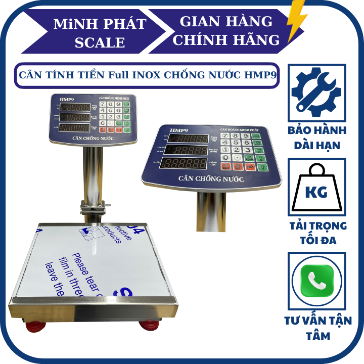 Cân điện tử tính tiền HMP9 Full INOX 60KG. Thương hiệu CÂN HOÀNG MINH PHÁT. Cân hải sản - Phím Tiếng Việt. H1
