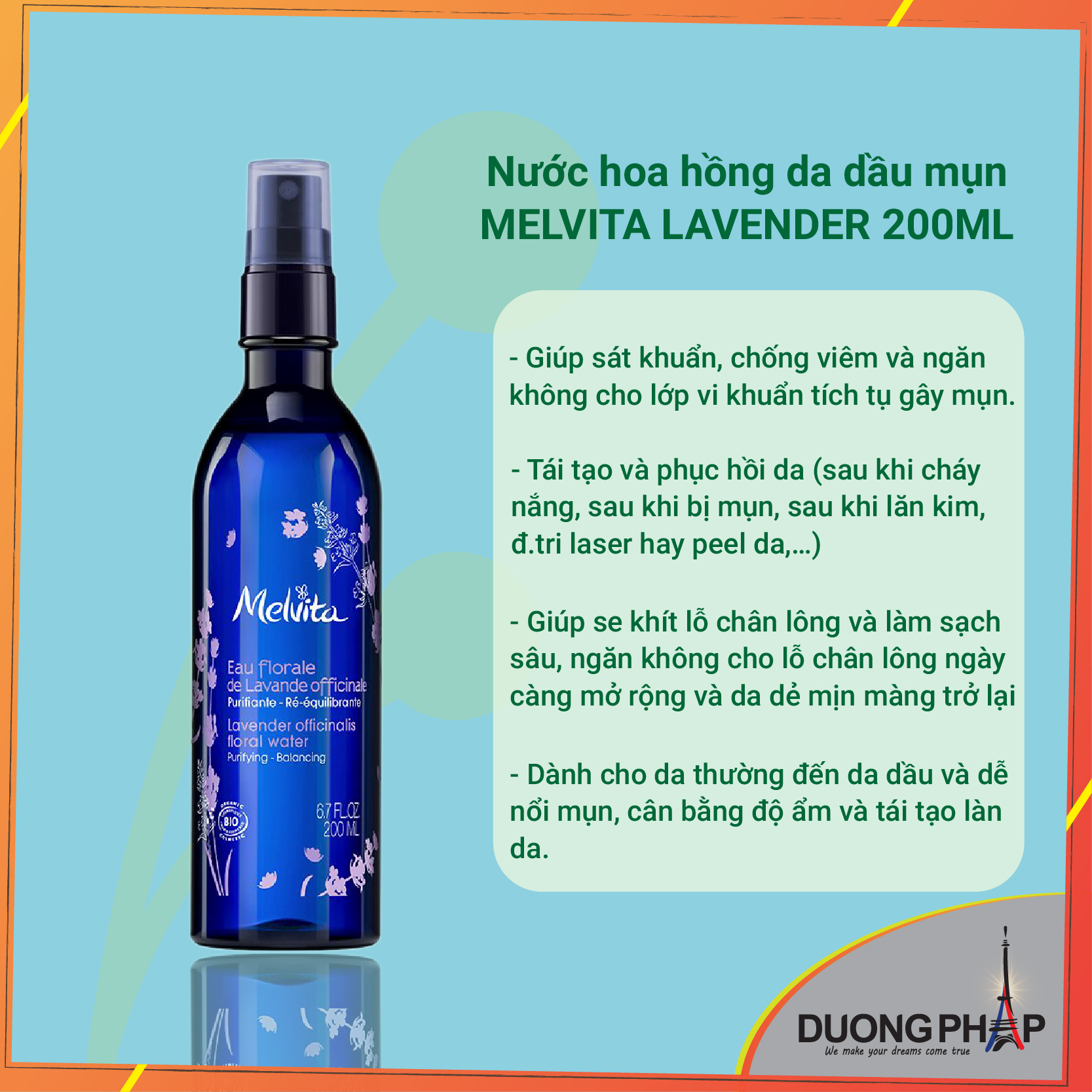 Nước hoa hồng Melvita Lavender cho da dầu mụn 200ml