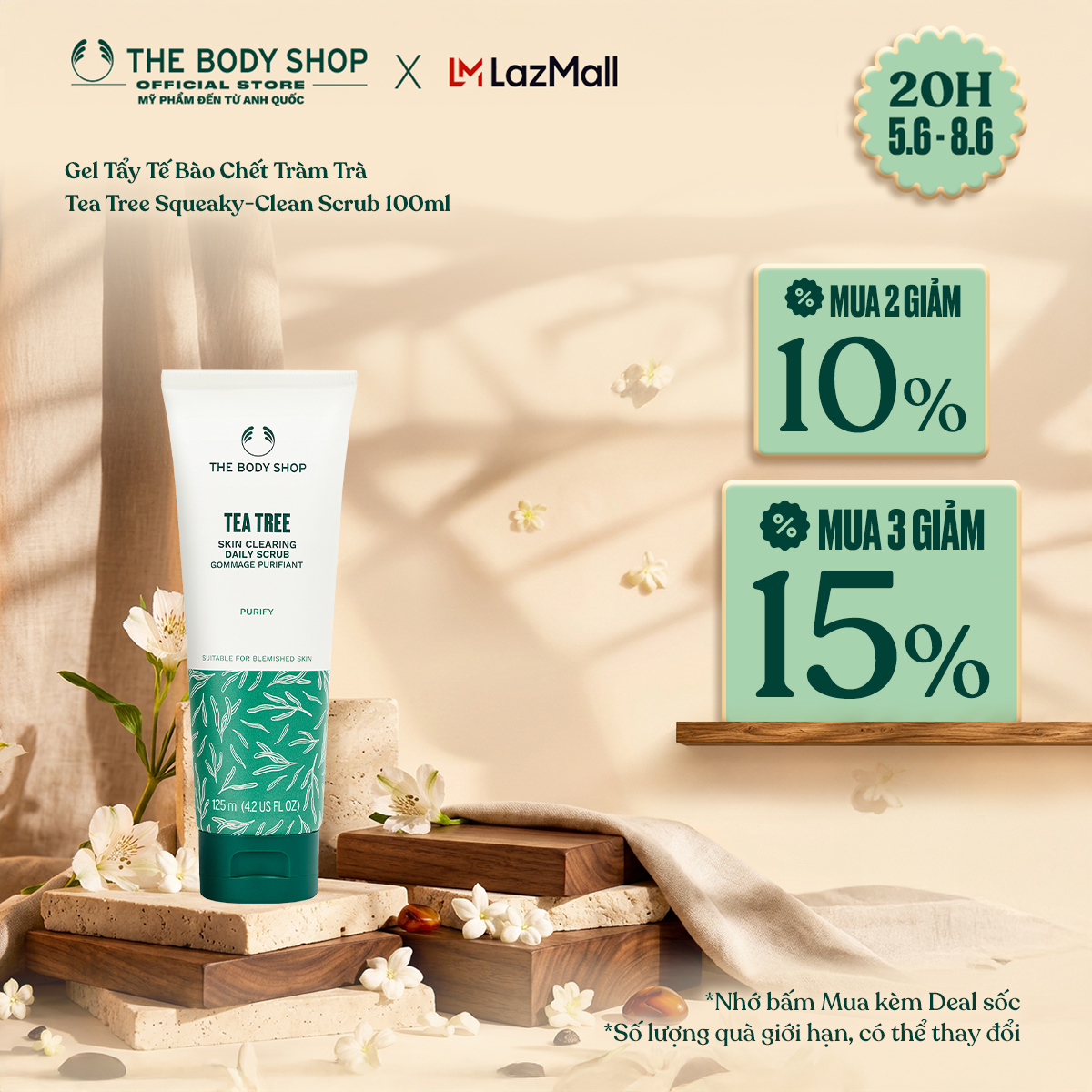 Gel tẩy tế bào chết tràm trà tea tree squeaky-clean scrub 100ml the body shop