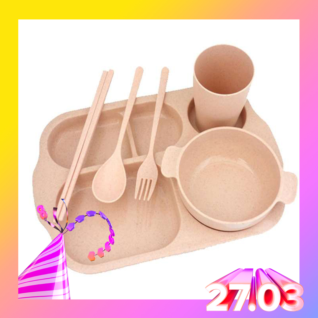 Bộ đồ khay nhựa lúa mạch kèm bát ăn dặm, cốc, thìa, dĩa, đũa tập ăn cho bé yêu