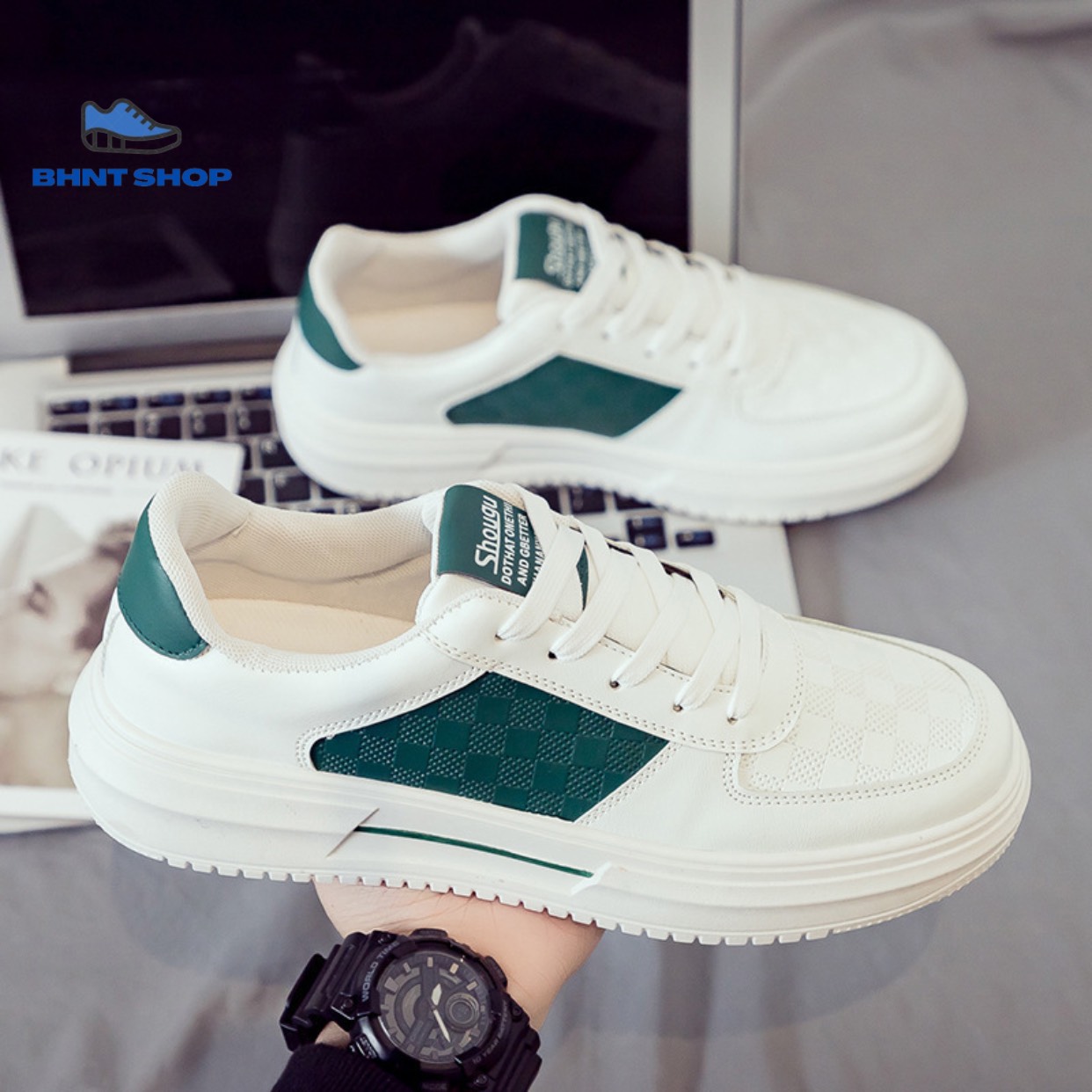 Giày thể thao nam sneaker độn đế sườn caro xanh bền đẹp