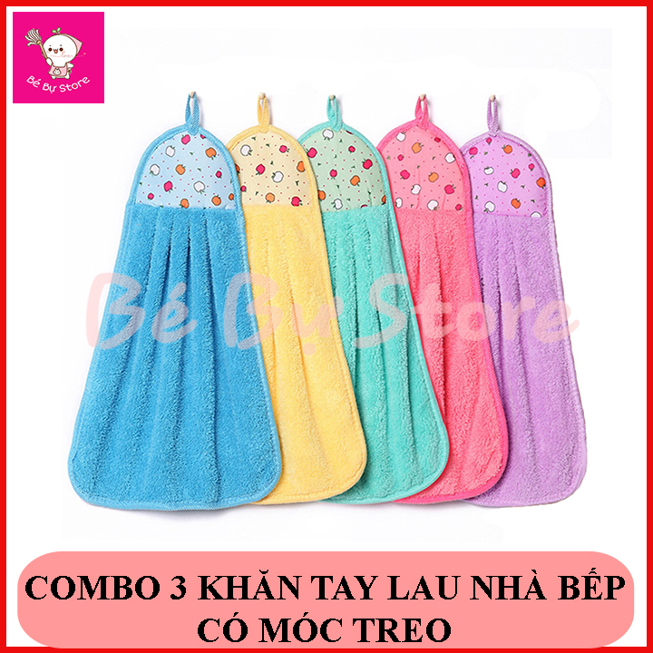 Combo 3 Khăn Lau Tay Nhà Bếp Đa Năng Loại Dầy Siêu Mềm Siêu Thấm Hút, Khăn Có Móc Treo Siêu Tiện Lợi