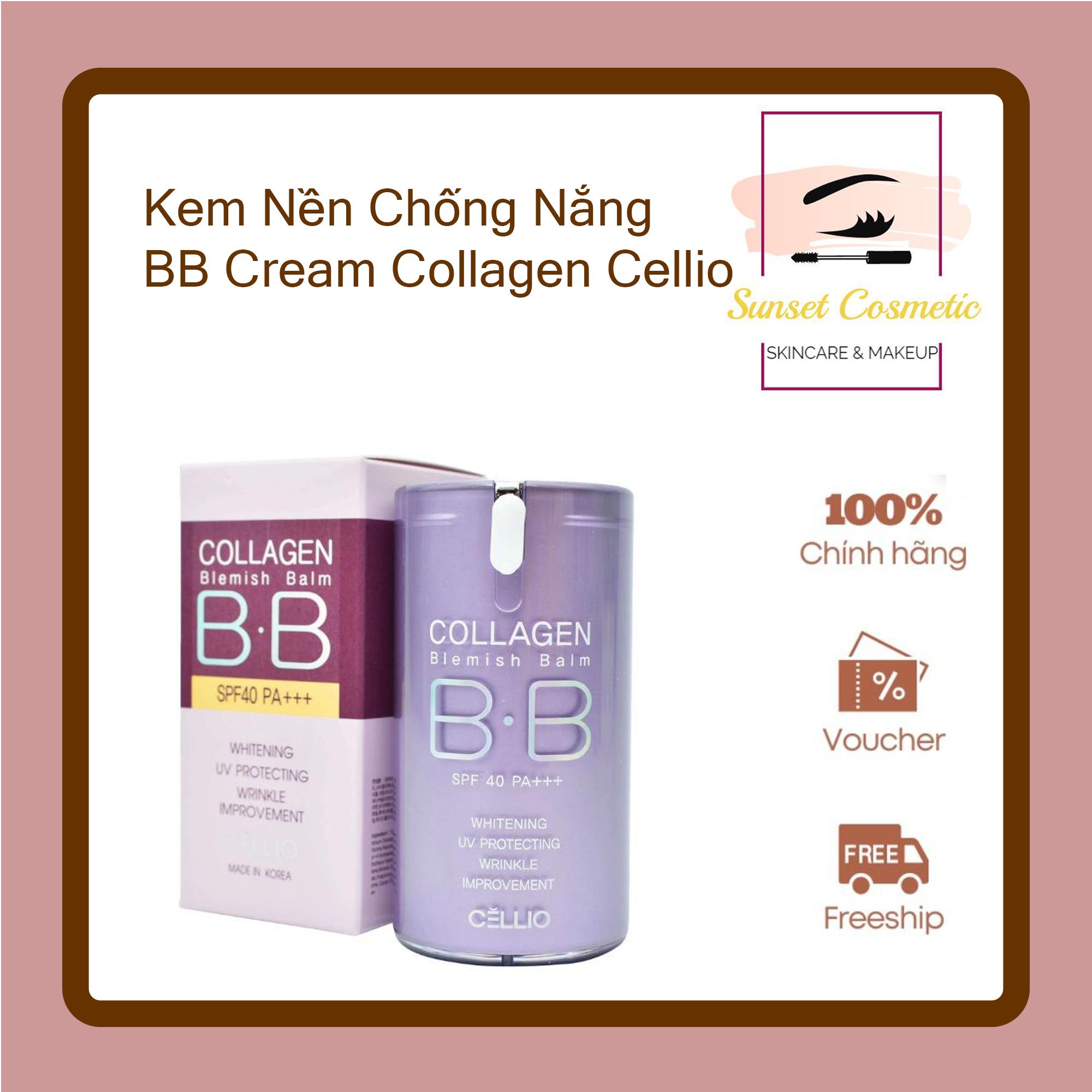 Kem nền trang điểm chống nắng bb cream collagen cellio spf 40 pa++ hàn quốc giúp mờ vết thâm nám và trắng da 40ml