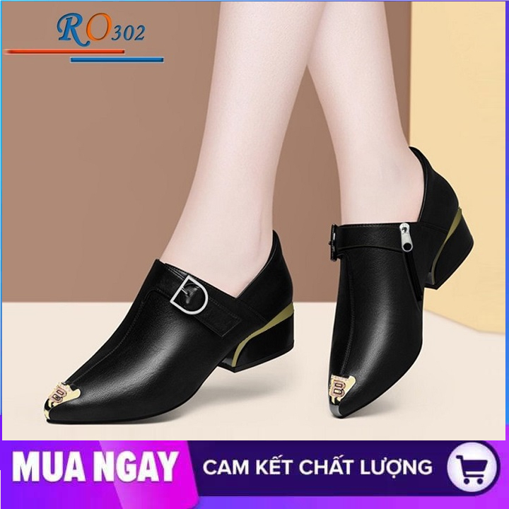 Giày boot nữ cổ thấp 4cm hàng hiệu rosata hai màu đen kem cao cấp ro302