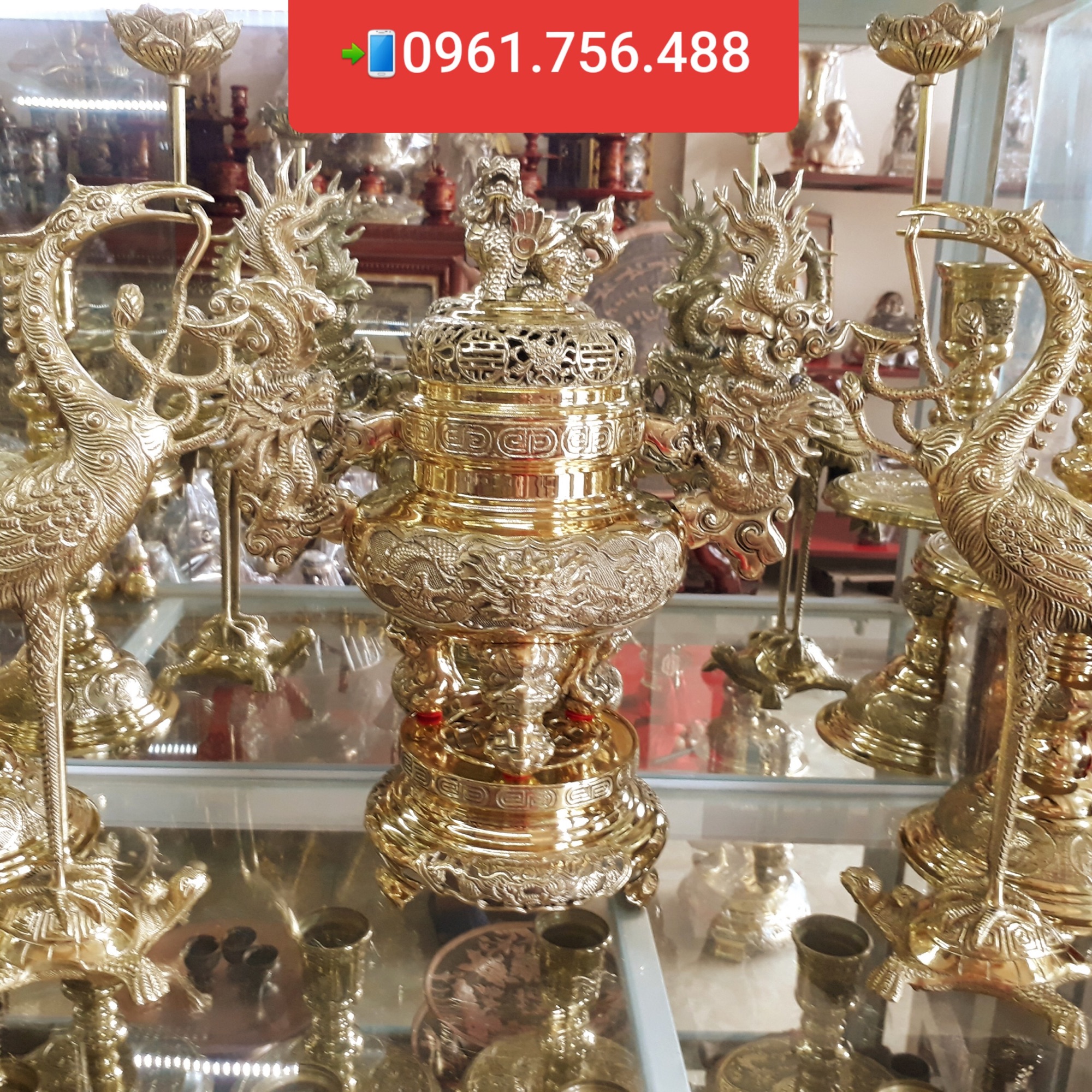 Bộ lư lương đỉnh đồng vàng nguyên chất 50cm