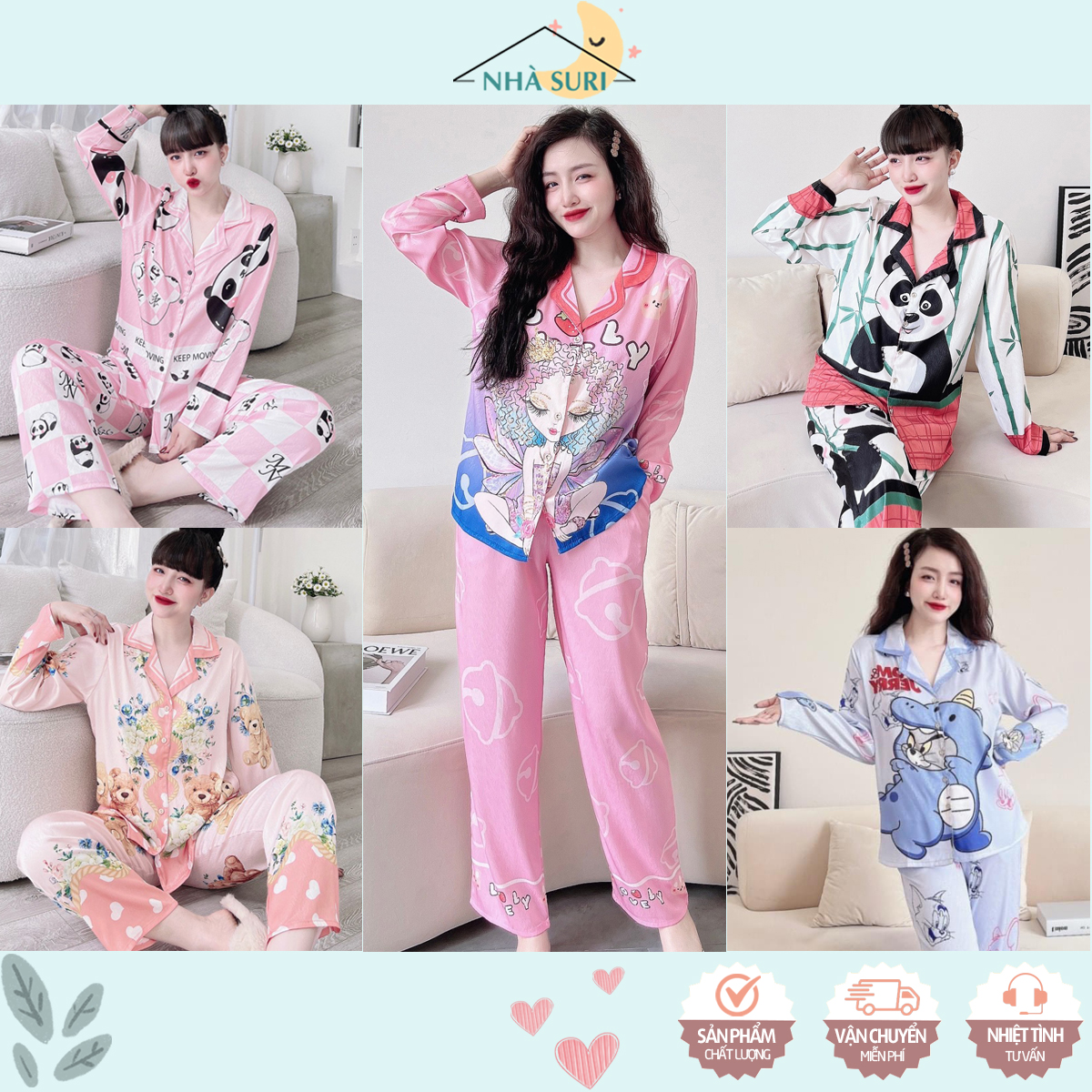 Đồ bộ cao cấp lụa xước pijama ngủ mặc nhà tay dài in hình dễ thương