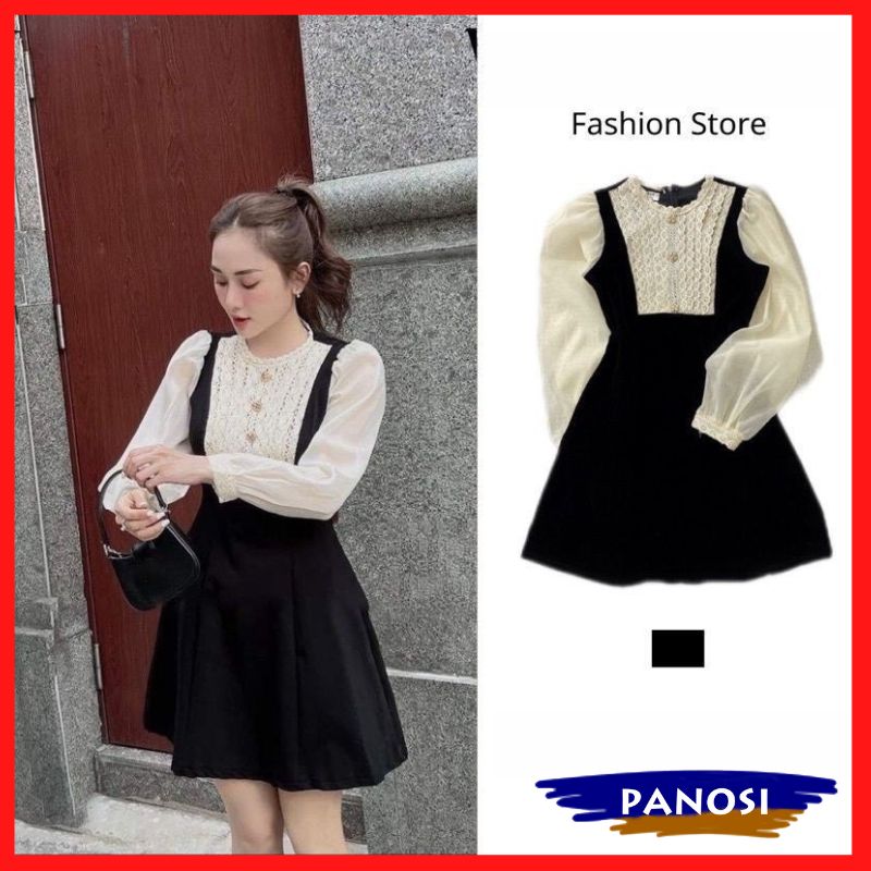 Váy nhung tay bồng dài phối ren ngực sang chảnh hottrend hàng đẹp PANOSI - V722