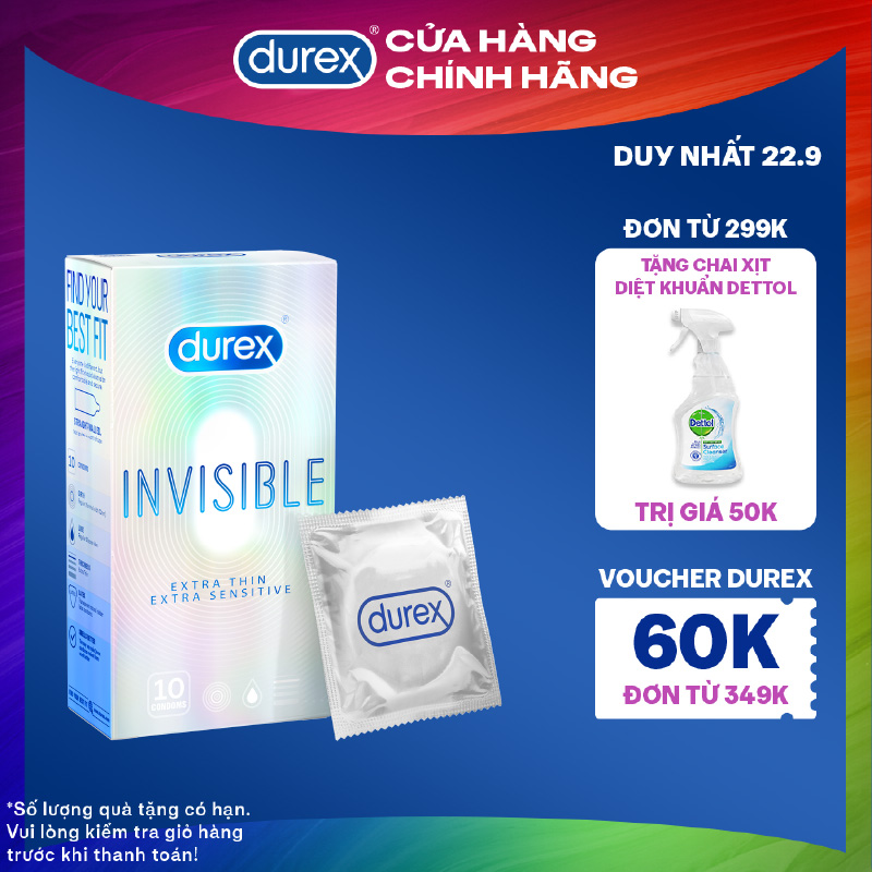 Bao cao su Durex Invisible siêu mỏng size 52mm hộp 10 bao