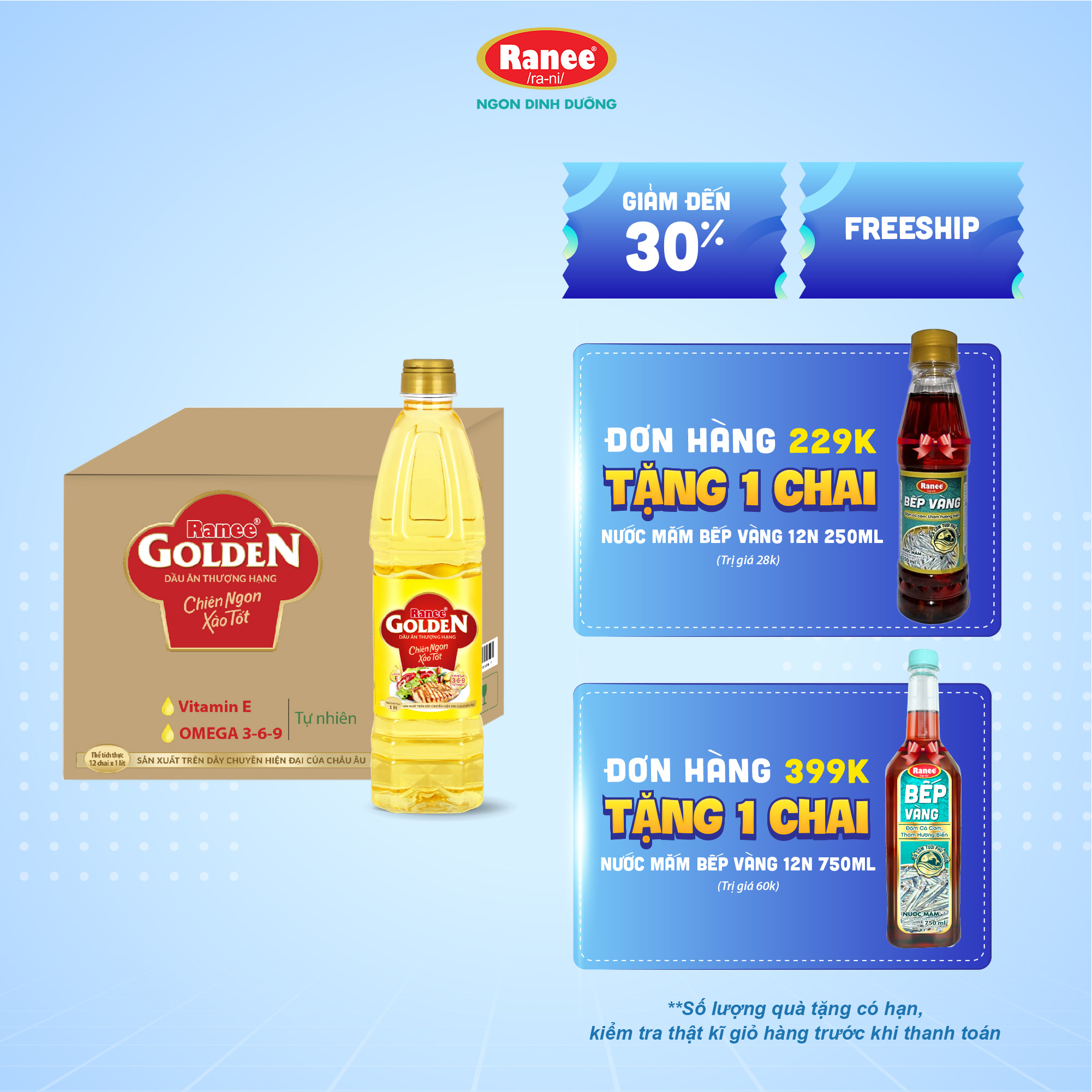 Thùng dầu ăn Ranee Golden 1 lít (1 lít x 12 chai)