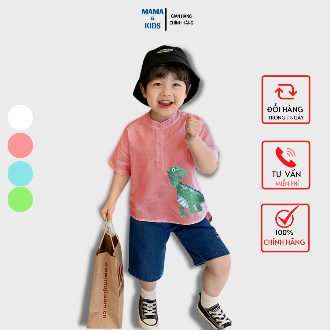 Áo Sơ Mi Đũi Bé Trai Hàn quốc MAMA &KIDS Cổ Tàu Tay Lỡ họa tiết khủng long chất đũi thoáng mát cho bé từ 10 đến 40kg đủ 4 màu