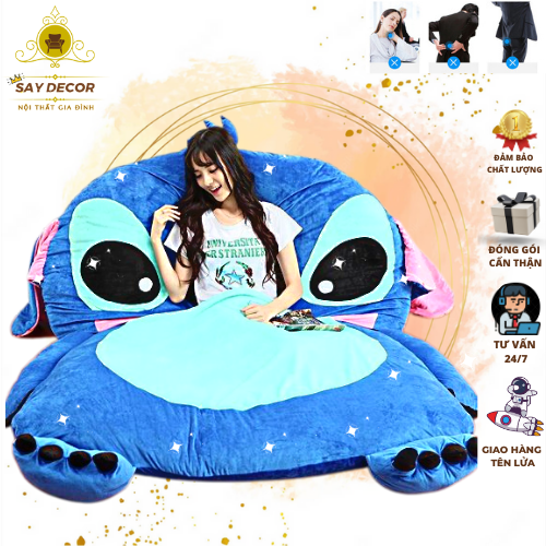 Giường Stitch Xanh-Đệm Giường Lười Thêu Hình Thú Siêu Cute Vải Không xù Siêu Mềm Mịn Êm ái